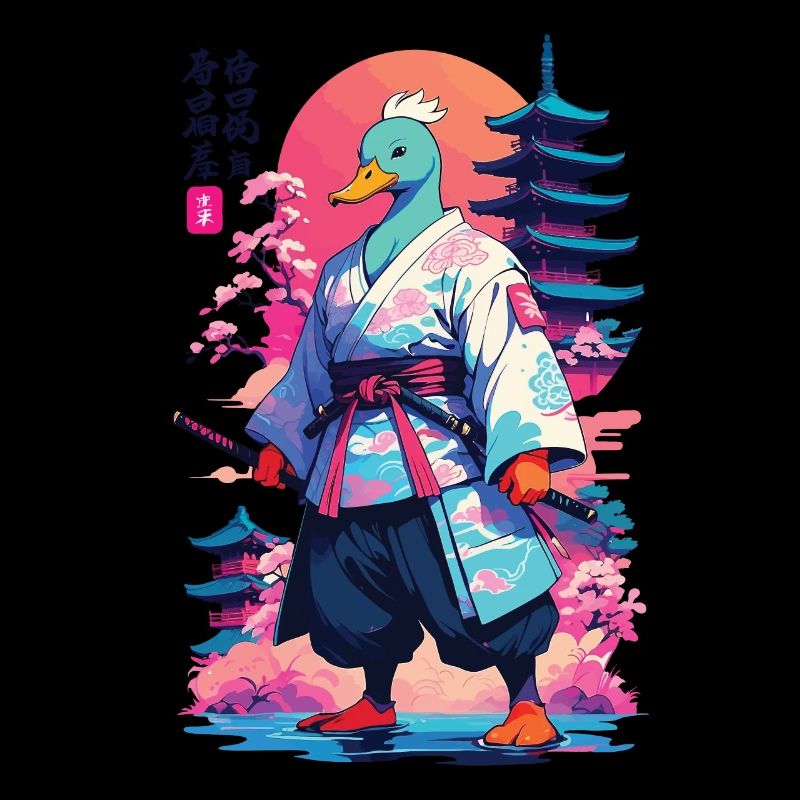 Samurai Duck in Aesthetic Vaporwave Style