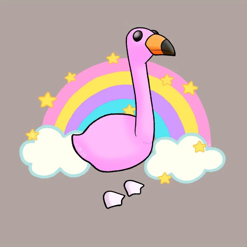 Flamant rose et un dessin animé arc-en-ciel