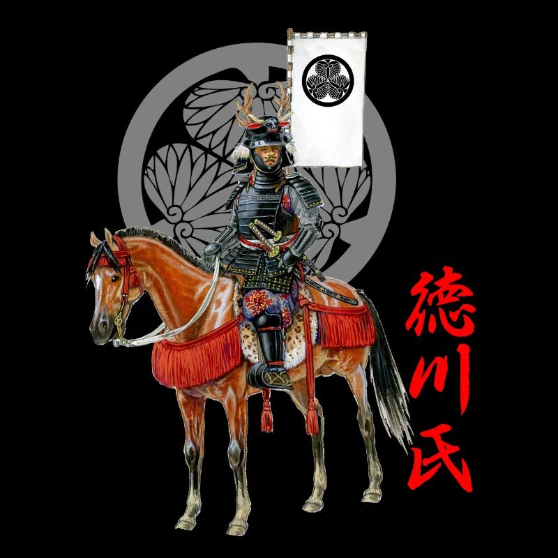 Cavalier samouraï, kanji et mon du clan Tokugawa