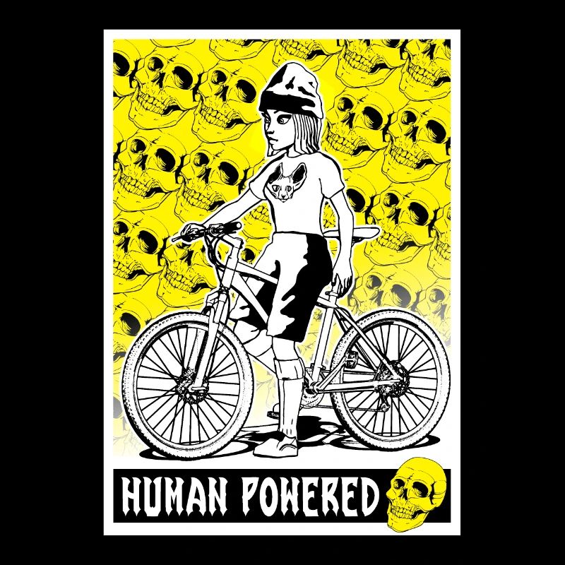 Shirt mit einer Comic-Radfahrerin und Totenköpfen.