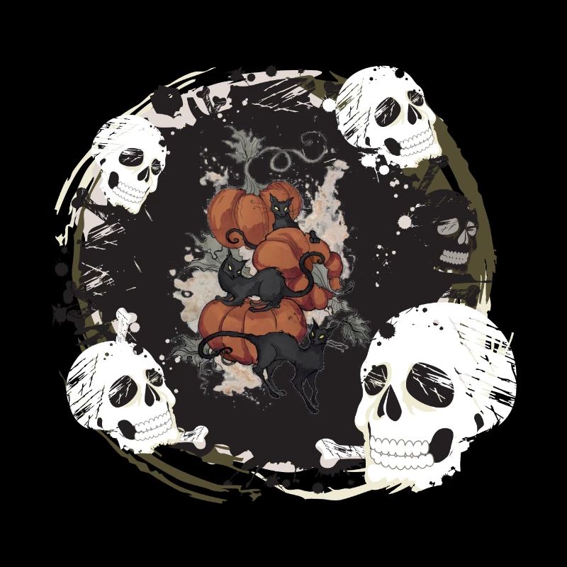 Skull watching a cat sitting on a pumpkin in the Hall