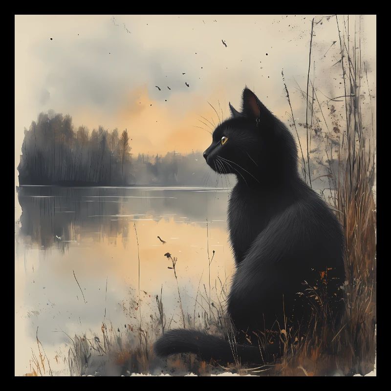 Schwarze Katze an einem See