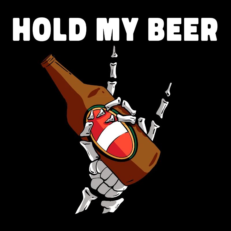 Mit der Hand eines Skeletts, die ein Bier hält
