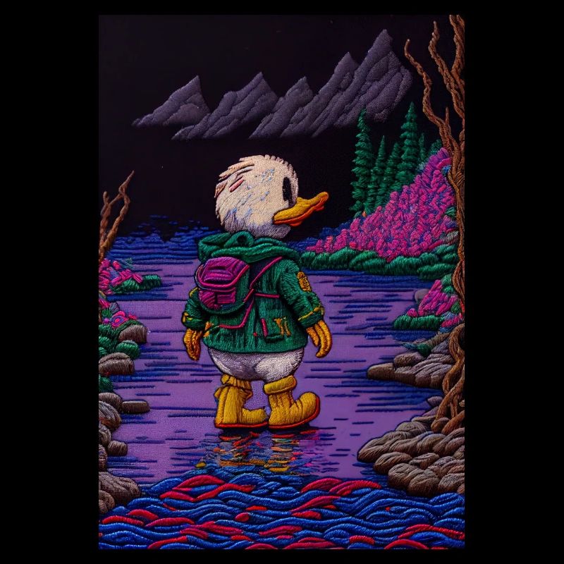 Héros de caneton brodé marchant dans le bois