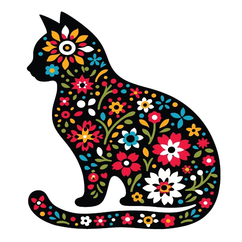 Silhouette einer Katze mit Blumen