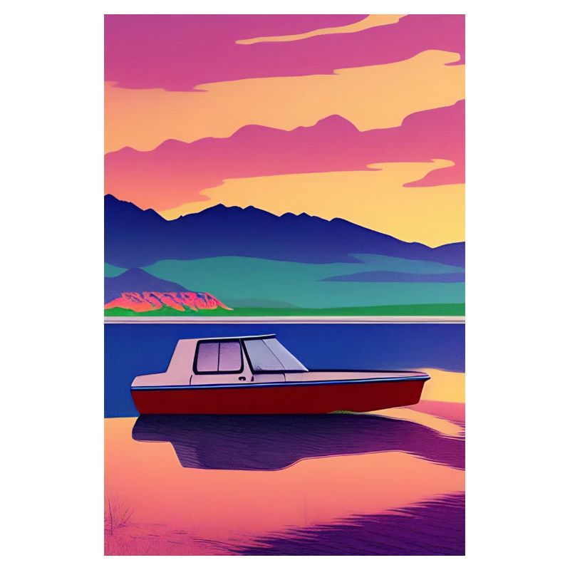 Landschaft mit See, Boot und Berge