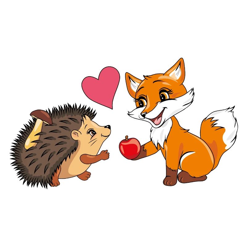 Babyfuchs gibt einem Igel einen Apfel