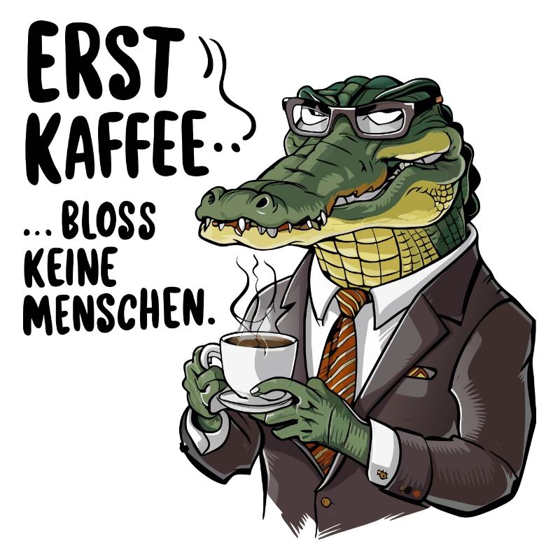 Erst Kaffee grantiges Krokodil mit Kaffeetasse