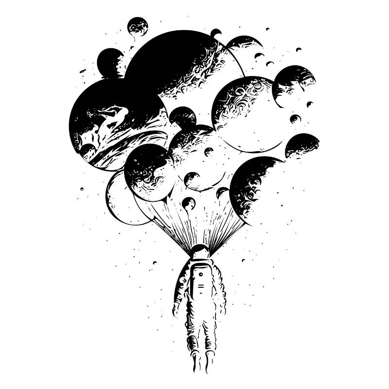 Astronaut in infinity with planetary balloons
