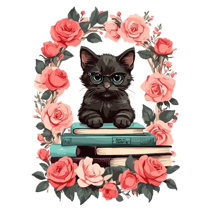Black cat with reading glasses