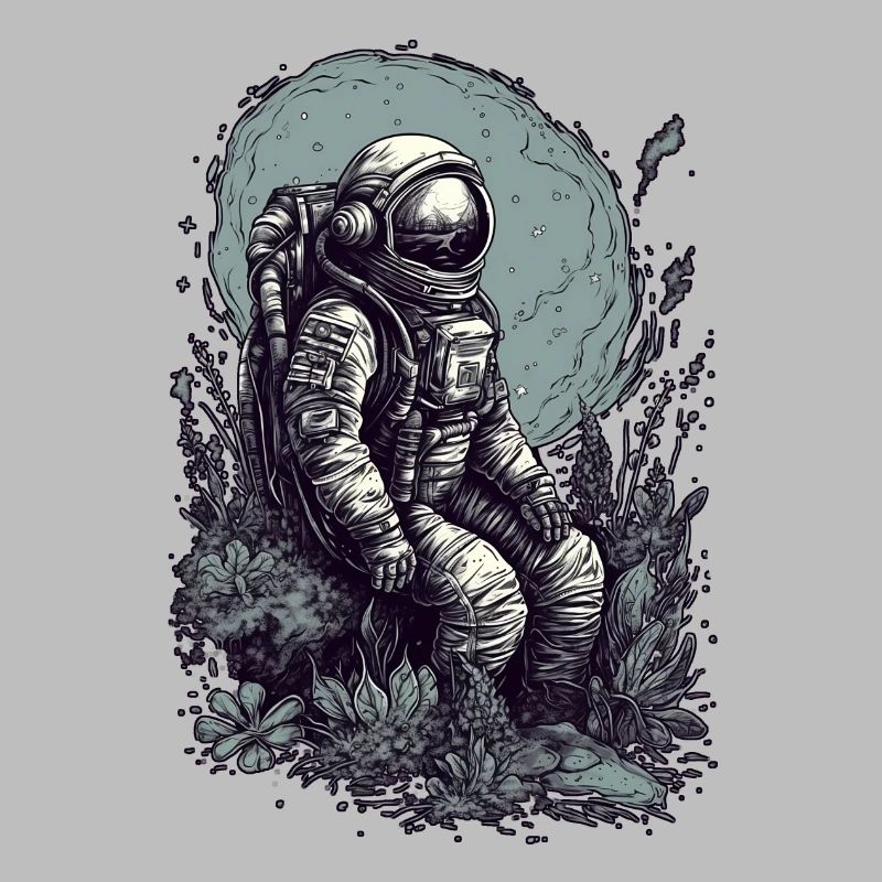 Astronaut with plants on alien worlds
