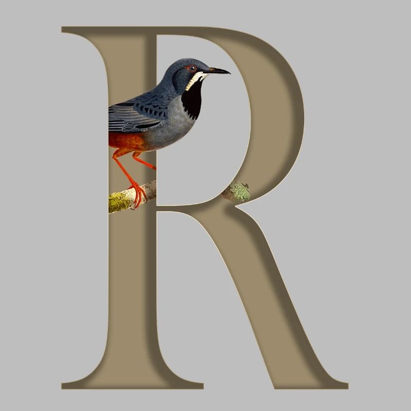 Initial letter R, Red-legged thrush bird