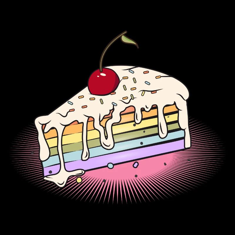 Stück Regenbogen Kuchen mit Kirsche im Comic Stil