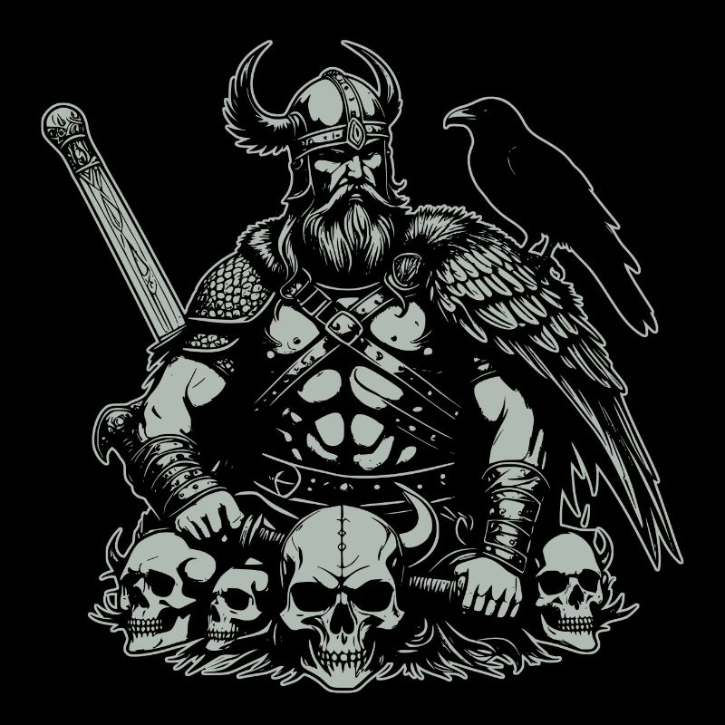Viking avec épée et corbeau sur le crâne