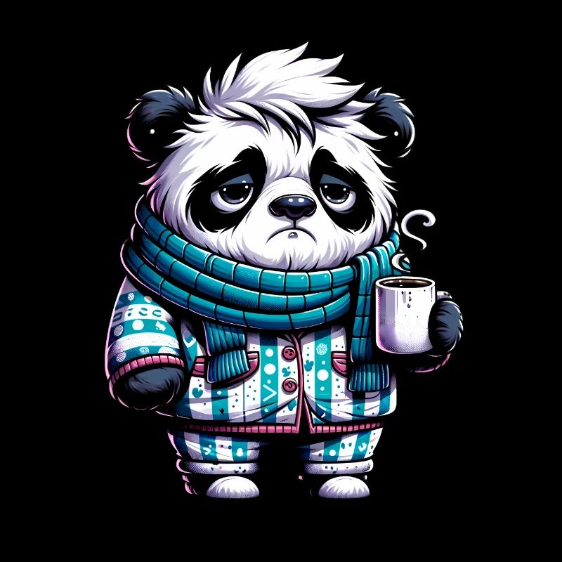 Panda in Pyjama und Schal mit einer Tasse Kaffee