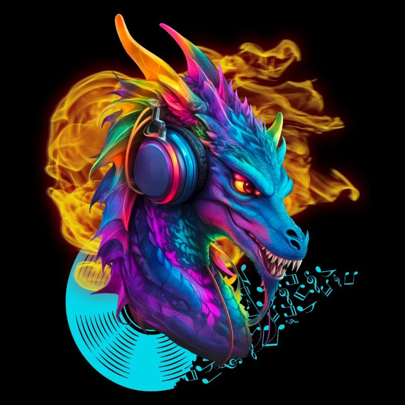 DJ-Drache mit Kopfhörerfeuer-Schallplattennotizen