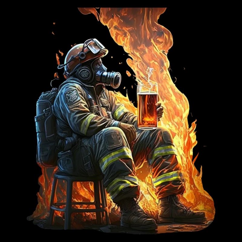 Pompier cool se détendre dans le feu avec de la bière
