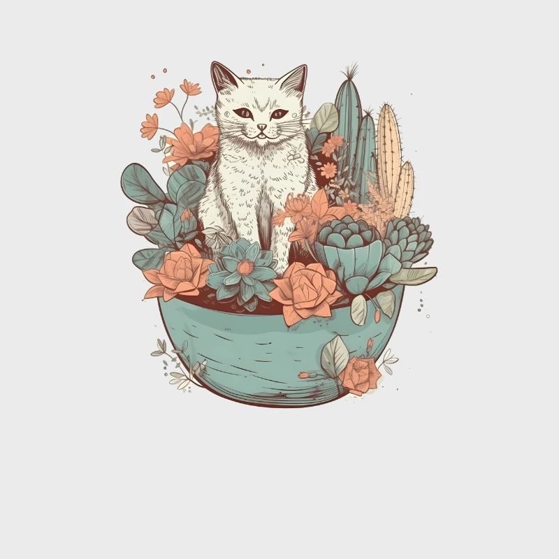 Chat dessiné dans un pot de fleurs