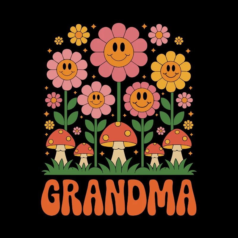 Fleurs et champignons joyeux pour grand-mère