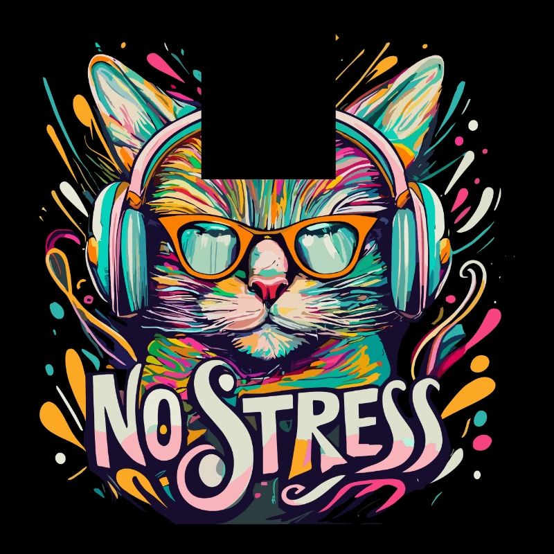 Katze mit Kopfhörer Lustiger Spruch NO STRESS