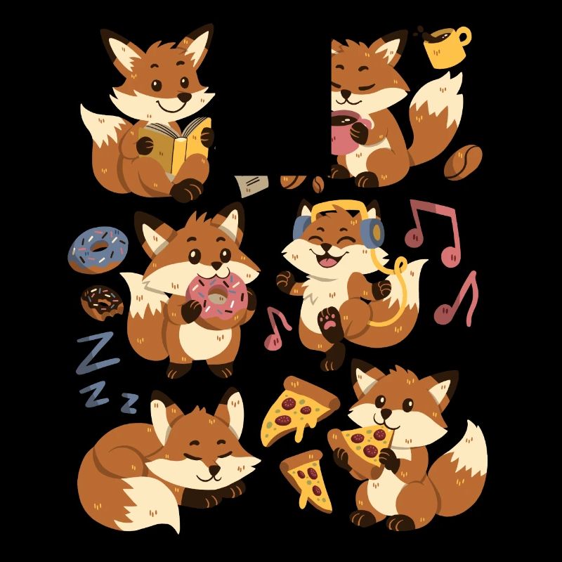 Fuchs: Pizza, Donut, Kaffe, Musik, Buch lesen