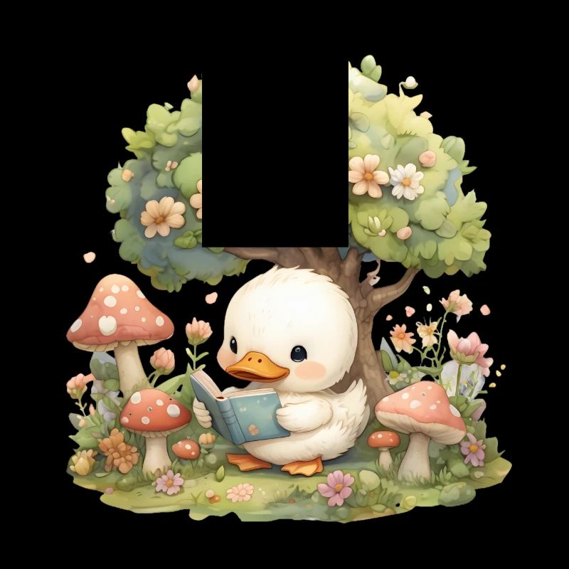 Kawaii Duck Reading Under Tree Mushrooms