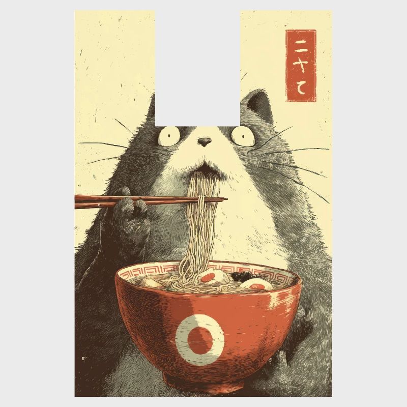 Chat choqué mangeant des ramen