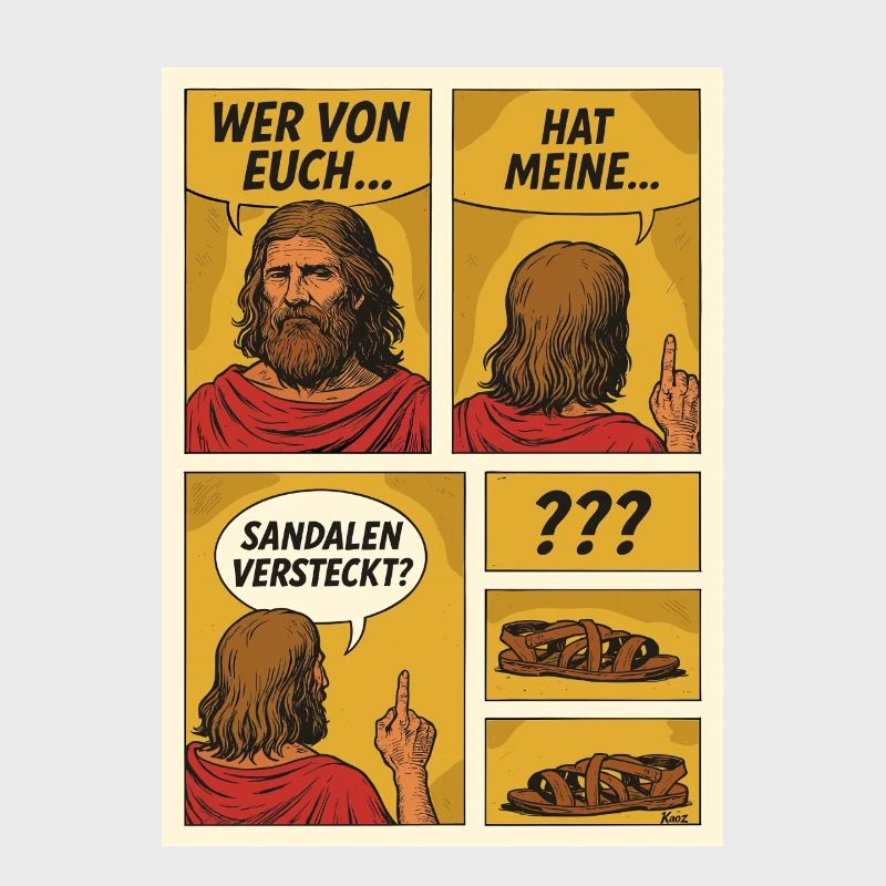 Comic Jesus is looking for sandals