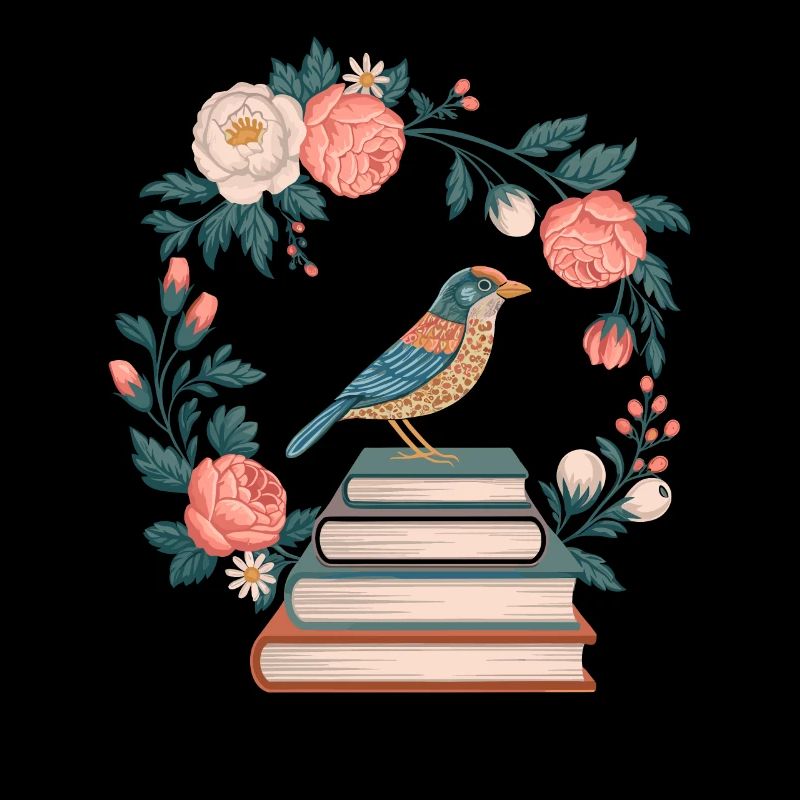 Cottagecore Vogel Und Blumen Bücherstapel