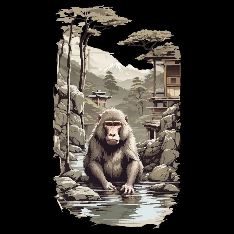 Japanese macaque ukiyo-e monkey in hot spring design