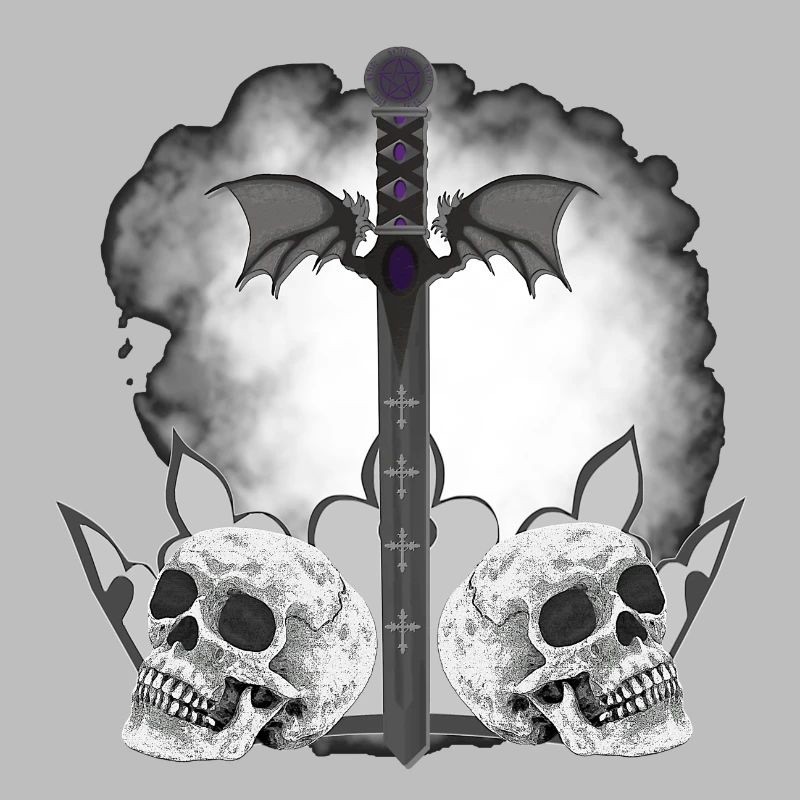 Menschenschädel, Schwerter, Dämonenflügel, vanitas