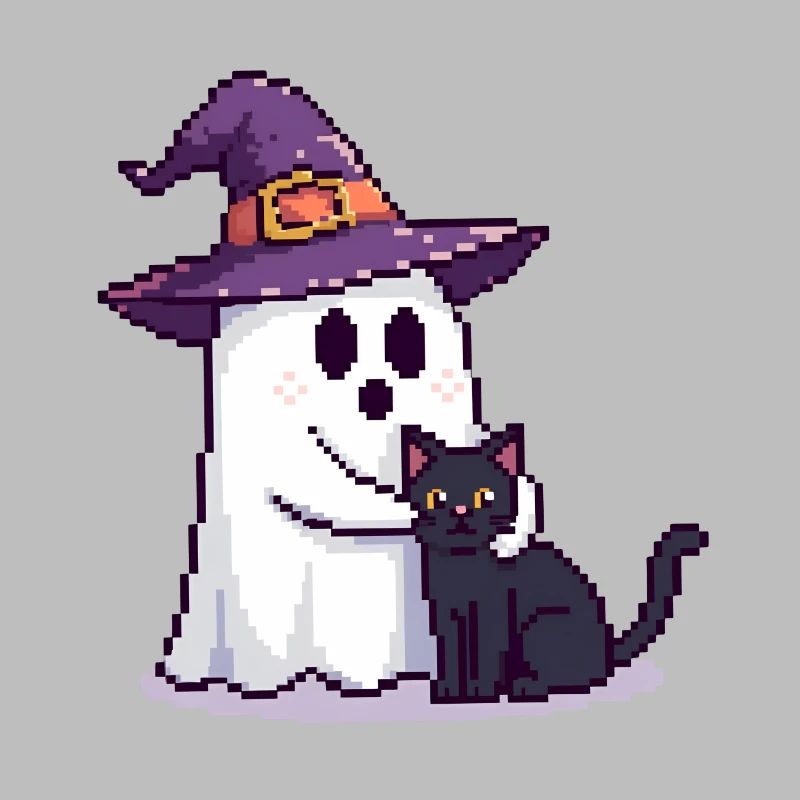 Pixel Ghost with Witch Hat & Cat – Halloween