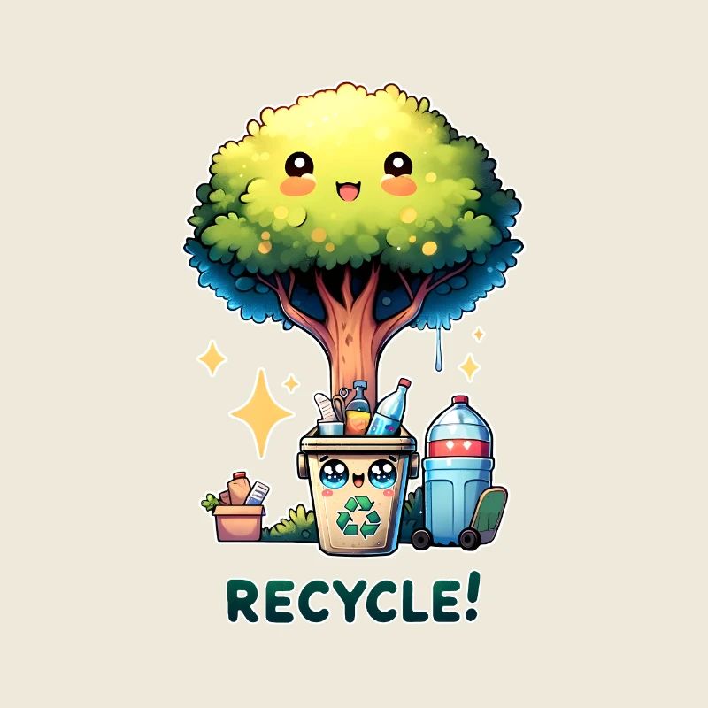 Chibi Niedlicher Baum mit Papierkorb Earth Day recyceln