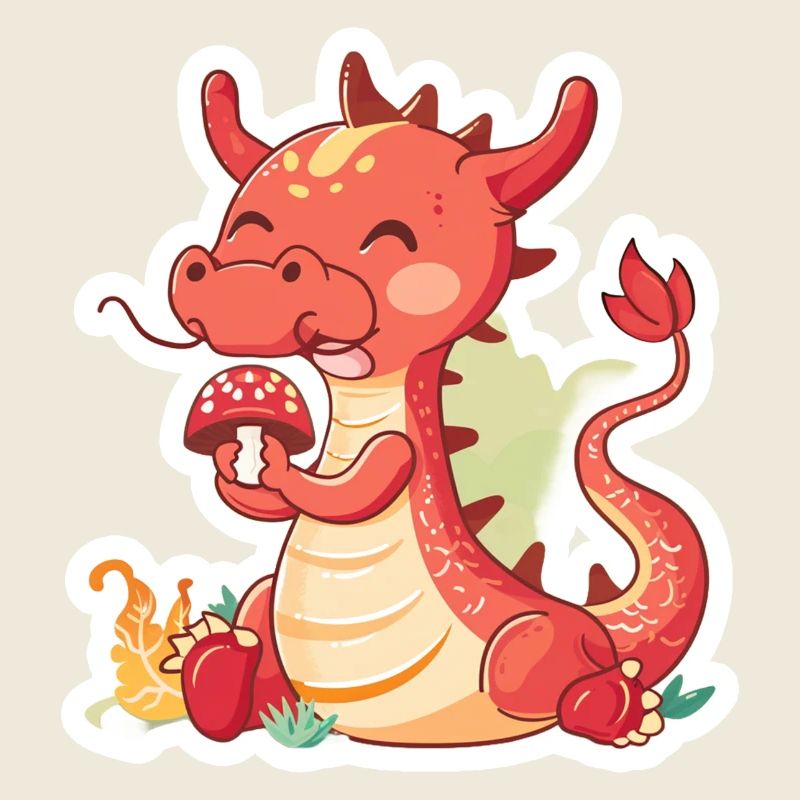 Petit dragon chinois mangeant un champignon