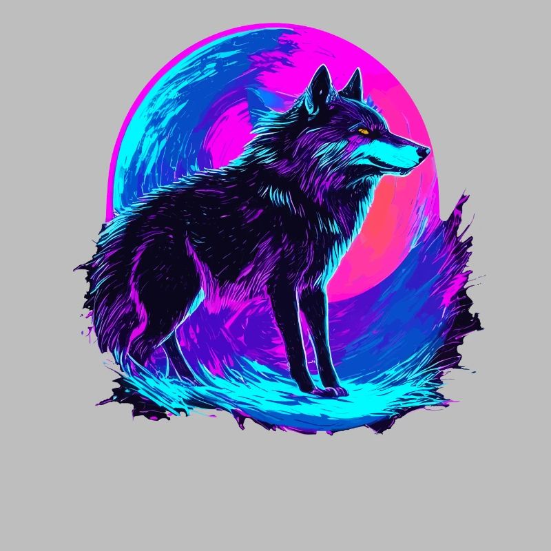 Colorful Wolf Neon Moon Synthwave