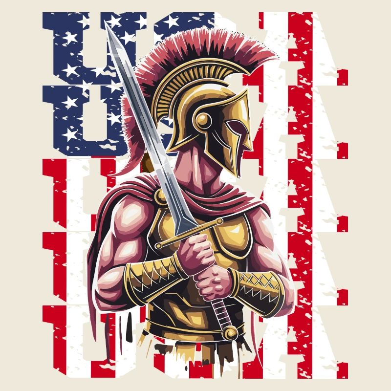 Guerrier spartiate des États-Unis avec épée devant le drapeau