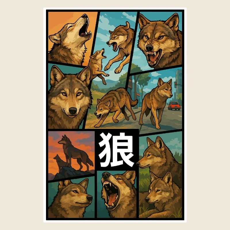 Collage von Wölfen im lebendigen japanischen Comic-Stil