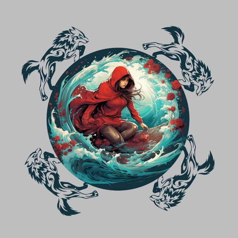 Rotkäppchen surft auf Surfbrett Wolf auf Welle
