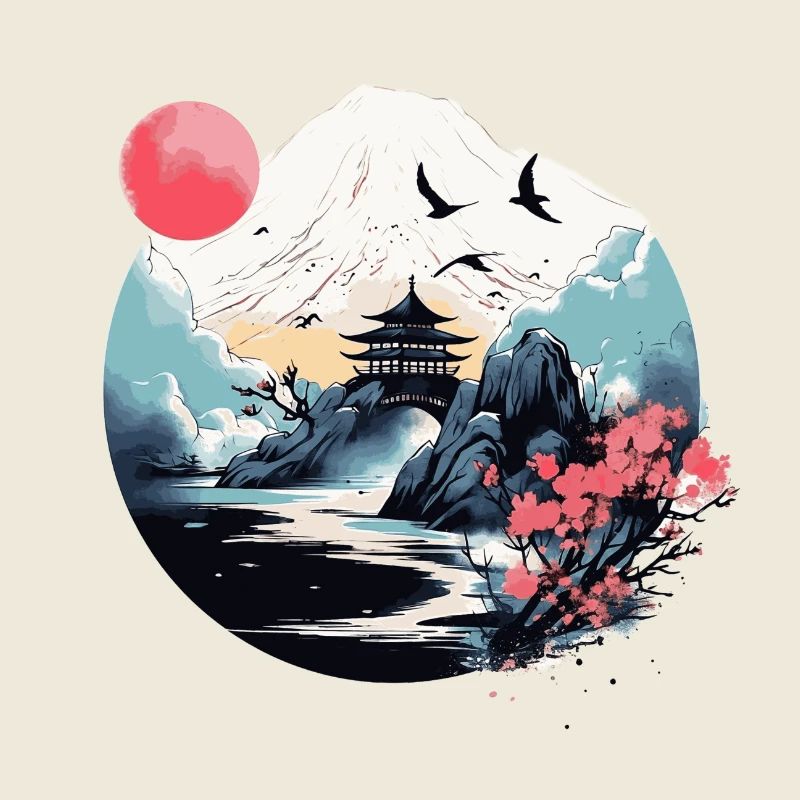 Scène japonaise de montagne, d’eau et de pagode