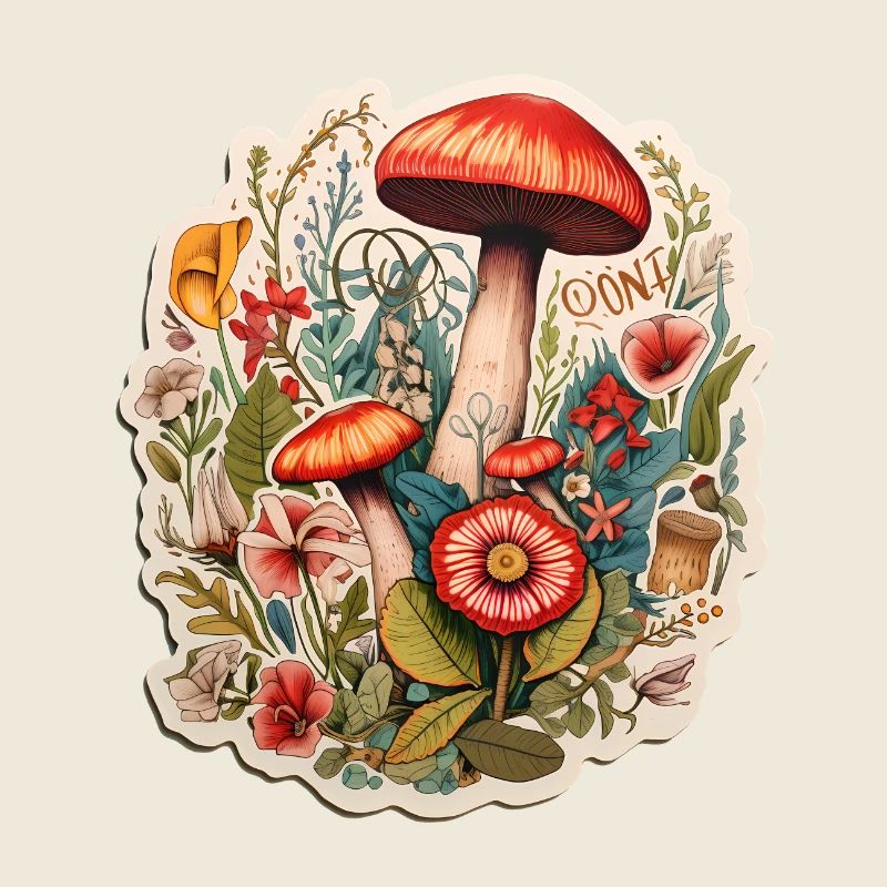 Boho Kunst mit Pilzen und Blumen