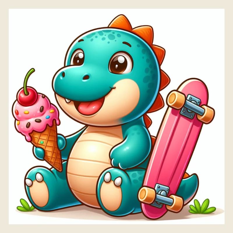 Dino turquoise avec cornet de crème glacée et planche à roulettes