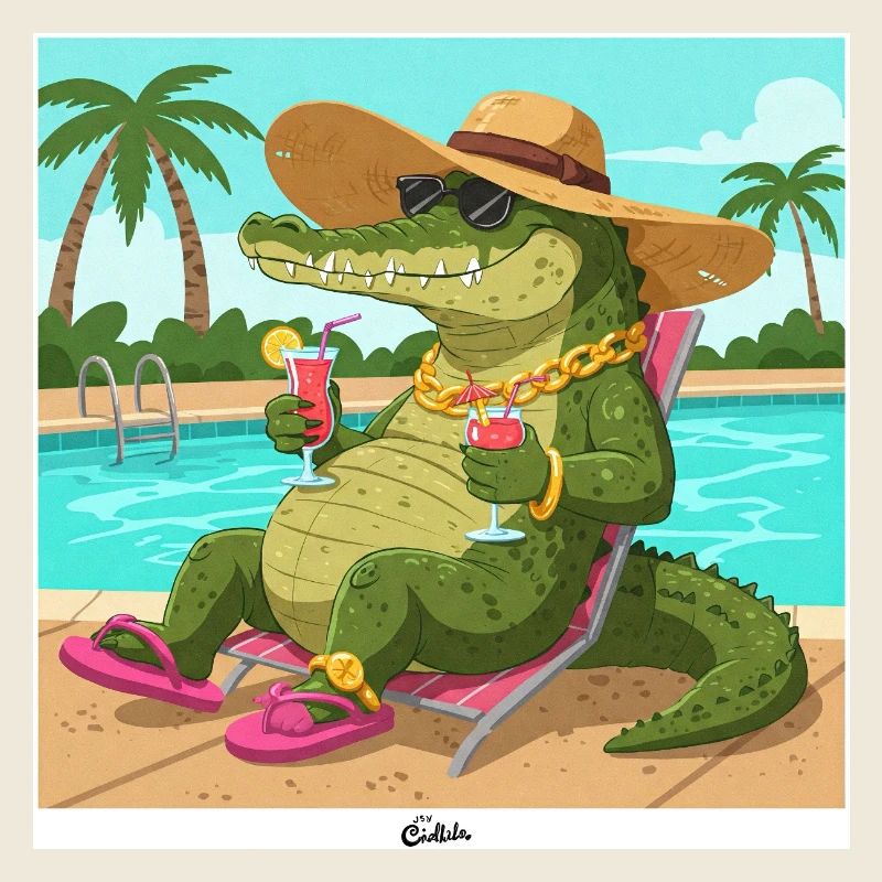 Krokodil am Pool mit Longdrink