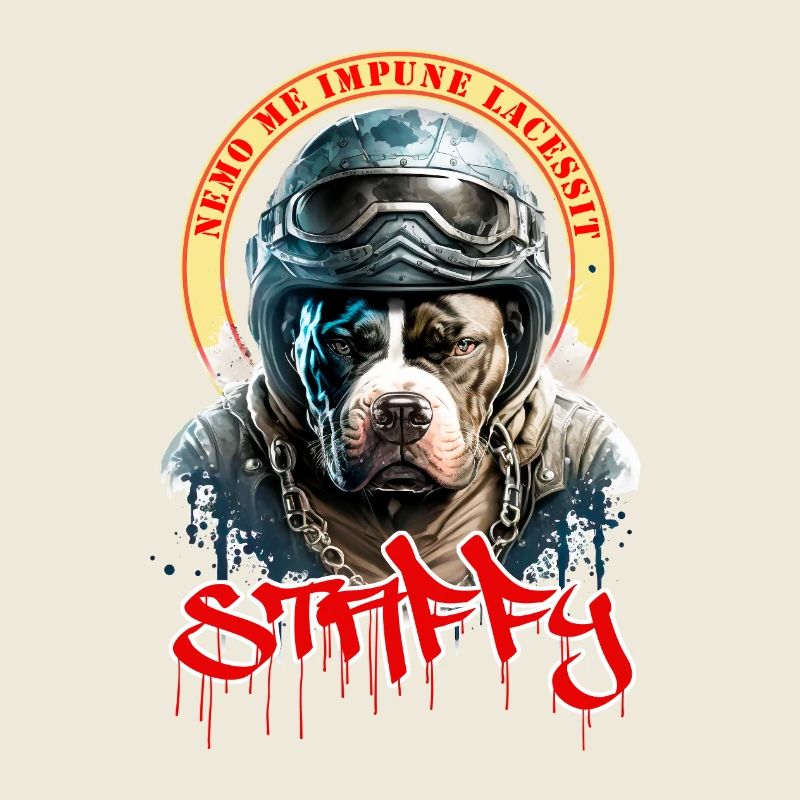Staffie biker avec phrase nemo me impune lacessit