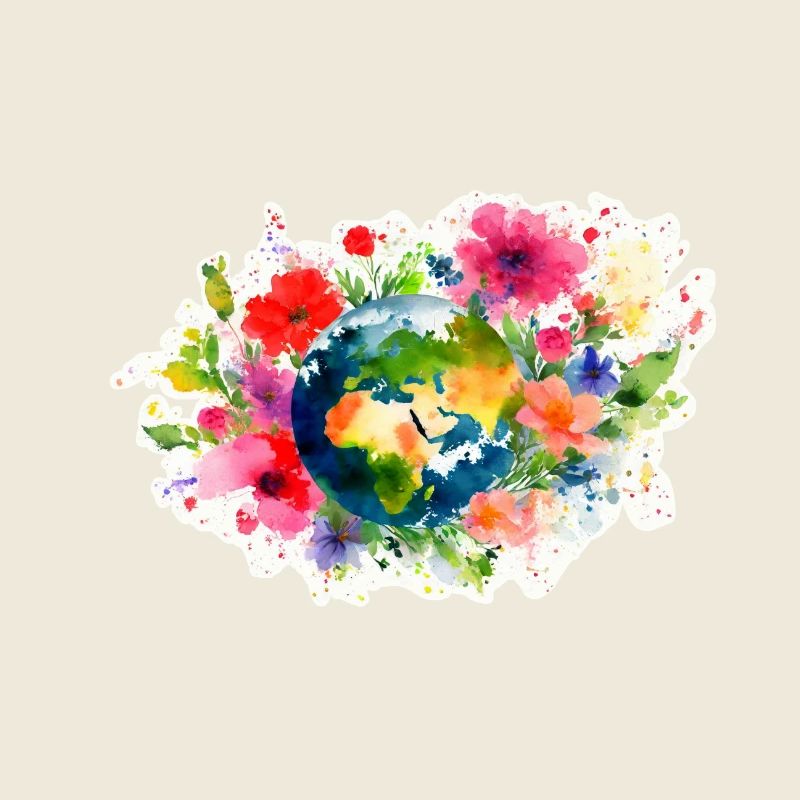 Earth surrounded by Flowers. Outlined, Aquarell