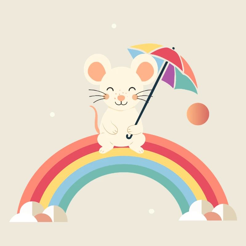 Fröhliche Maus mit Schirm auf Regenbogen