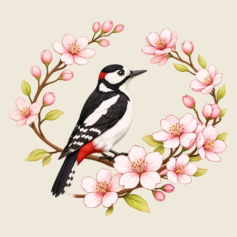 Great Spotted Woodpecker with Cherry Blossoms Spring Motif
