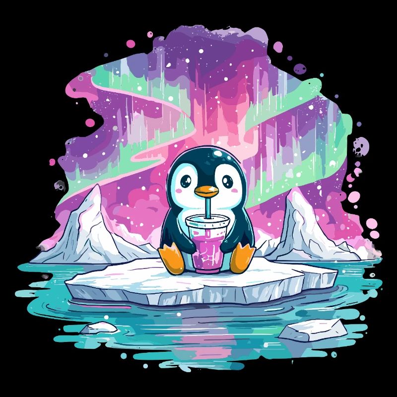 Pinguin auf Eis mit pinkem Drink