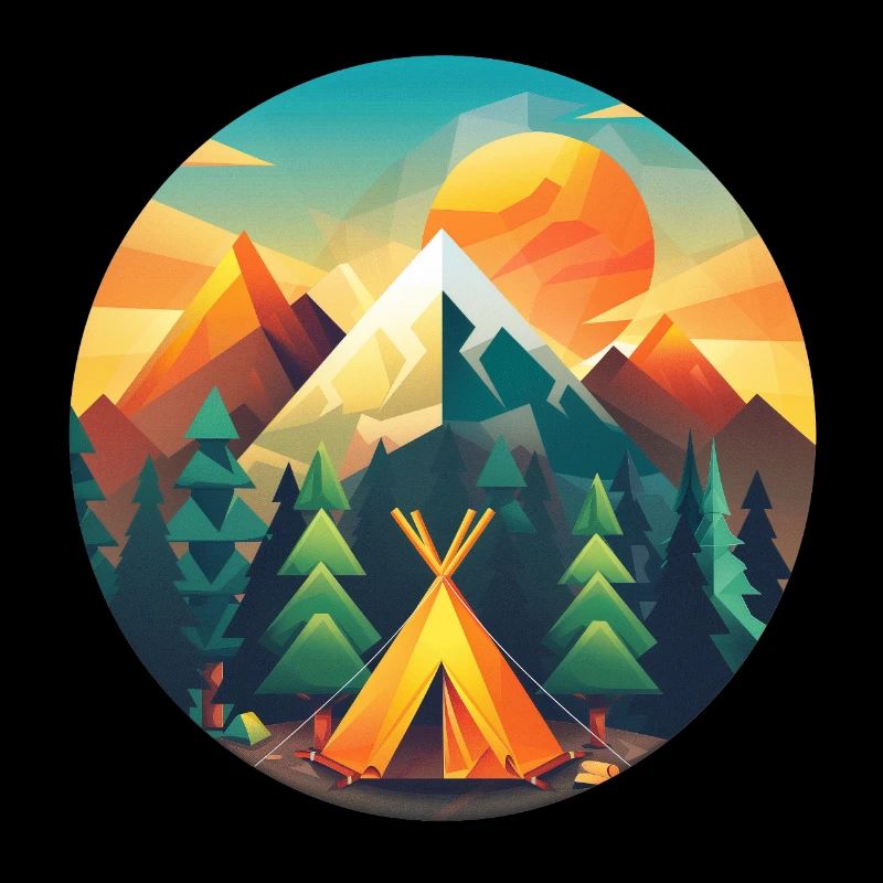 Camping Design Modern Retro – Low Poly Zelt & Berg