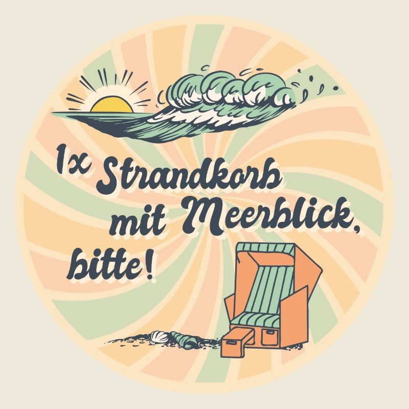 1x Strandkorb mit Meerblick, bitte Spruch Retro