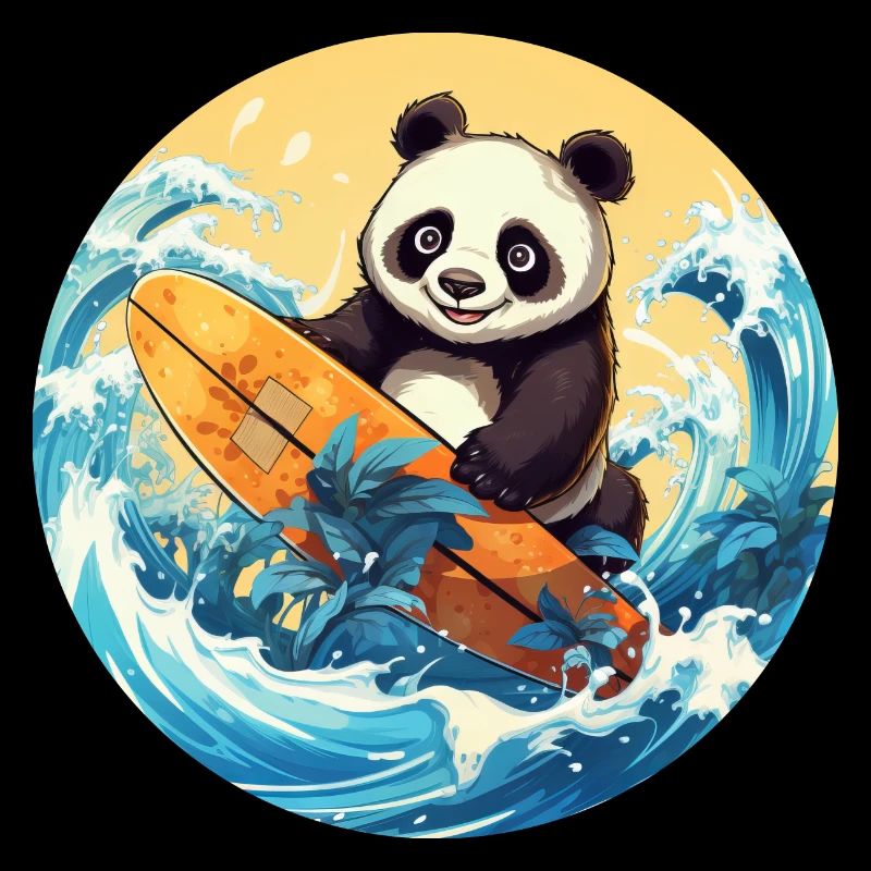 Panda surfeur au coucher du soleil